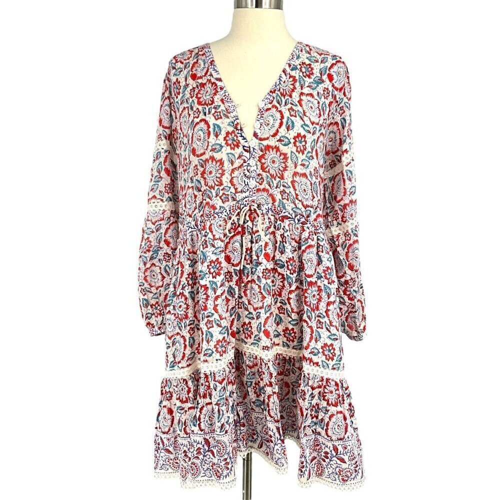 Bell By Alicia Bell Patton Mini Dress Size XL Long Sleeve V Neck Tassel Tie